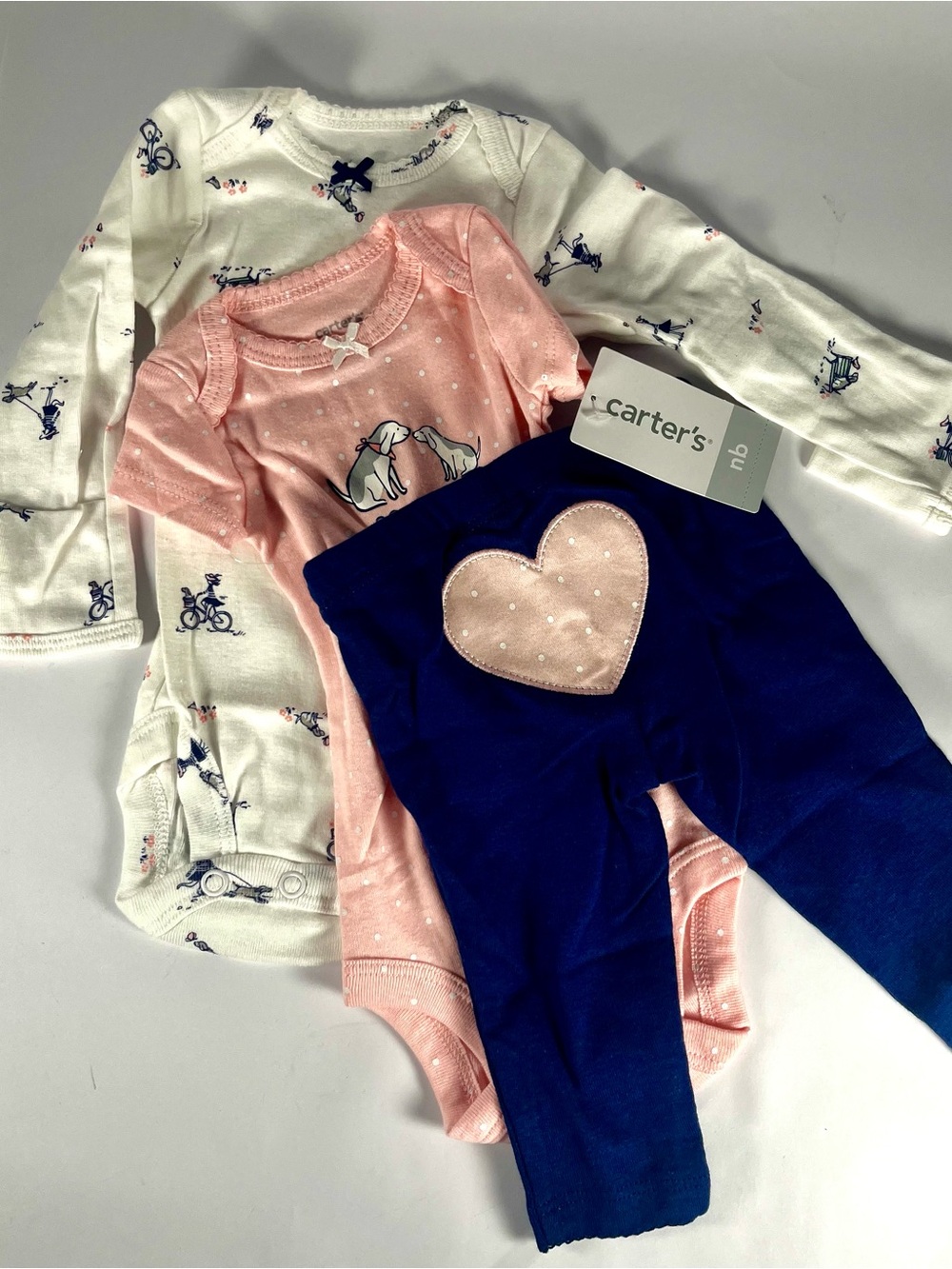 Carter's Baby Girl 3-Piece Long & Short Sleeve Set with Heart Patch Pants
